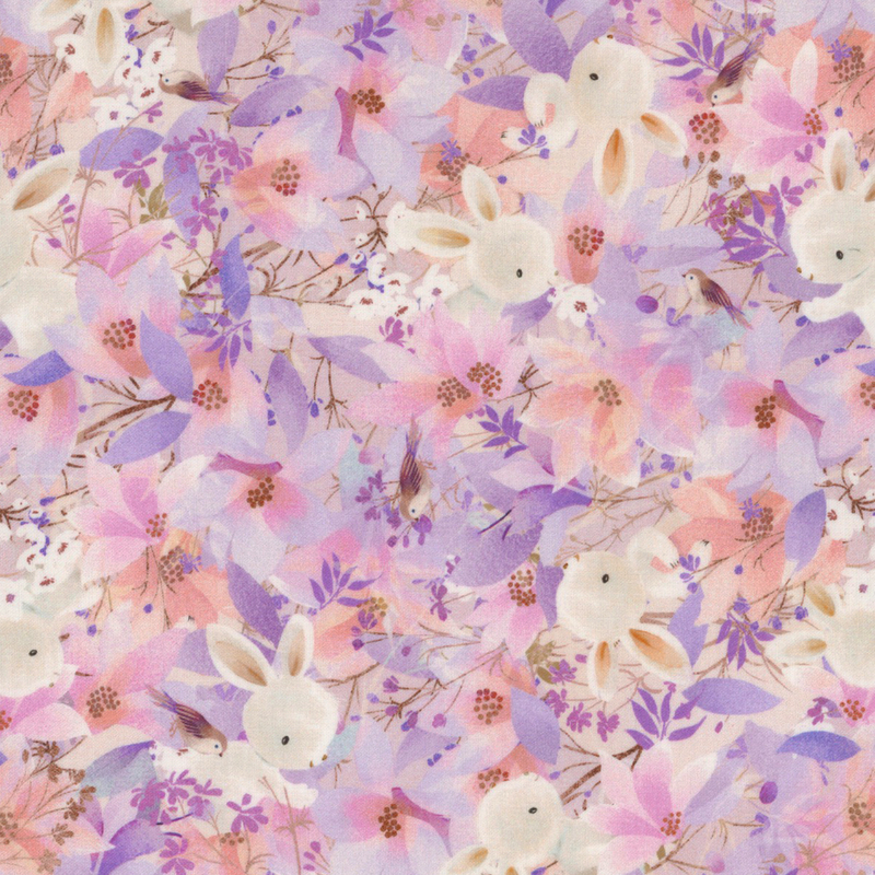 cute purple fabric with packed together purple, white, and pink flowers and little white bunnies and sparrows hidden amidst the blooms