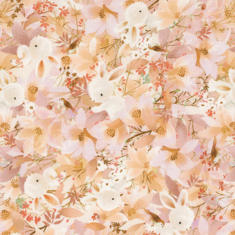 cute pink fabric with packed together peach, white, and pink flowers and little white bunnies and sparrows hidden amidst the blooms