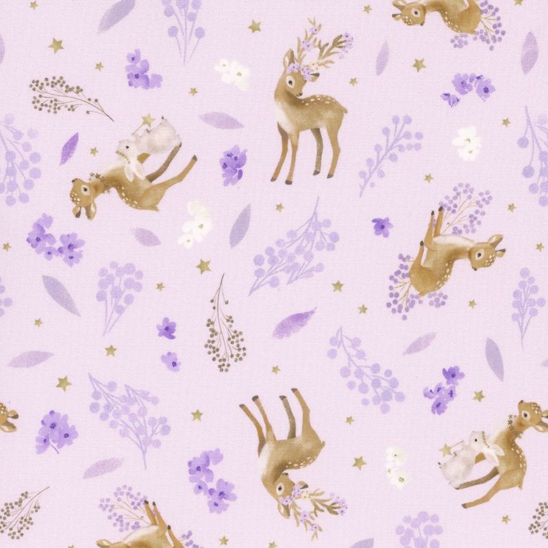 adorable pastel purple fabric with scattered wildflowers, stars, and deer
