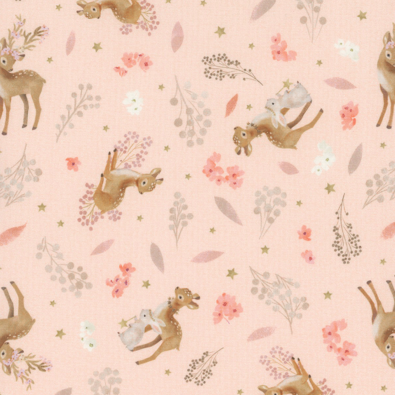 adorable pastel pink fabric with scattered wildflowers, stars, and deer