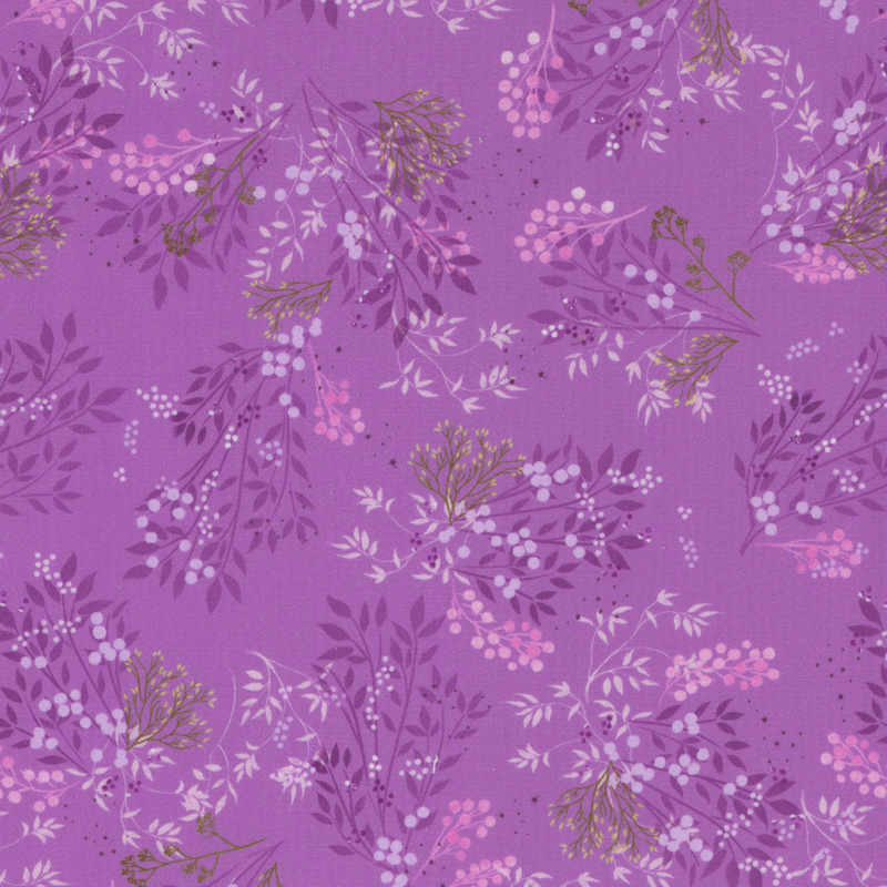 lovely grape purple fabric with scattered wildflowers and forest brush