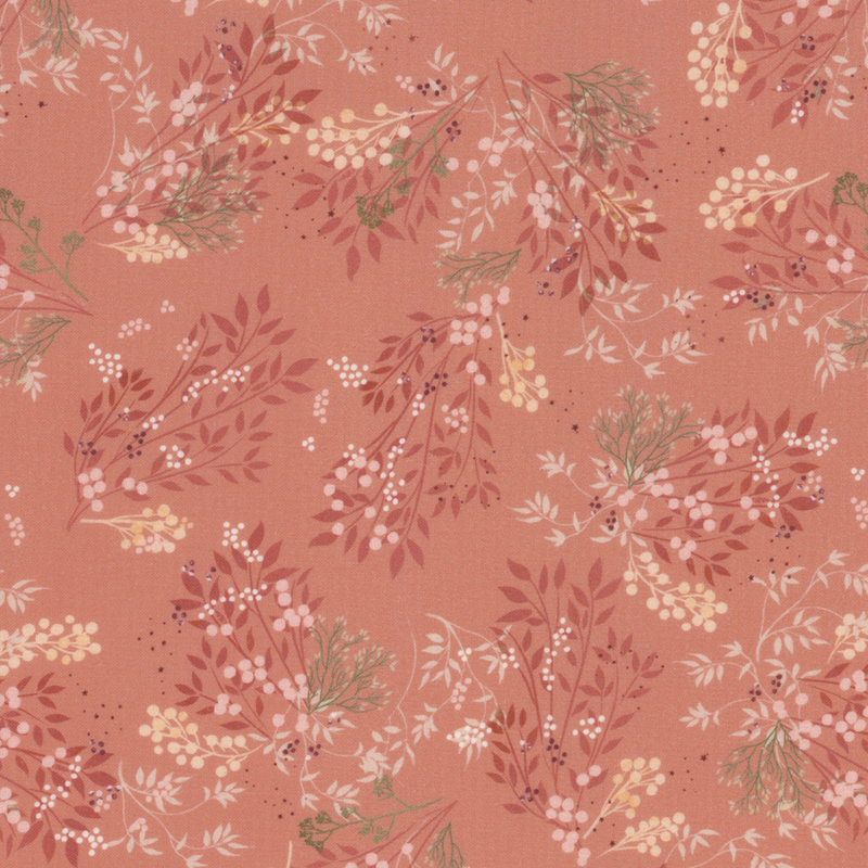 lovely dusty pink fabric with scattered wildflowers and forest brush
