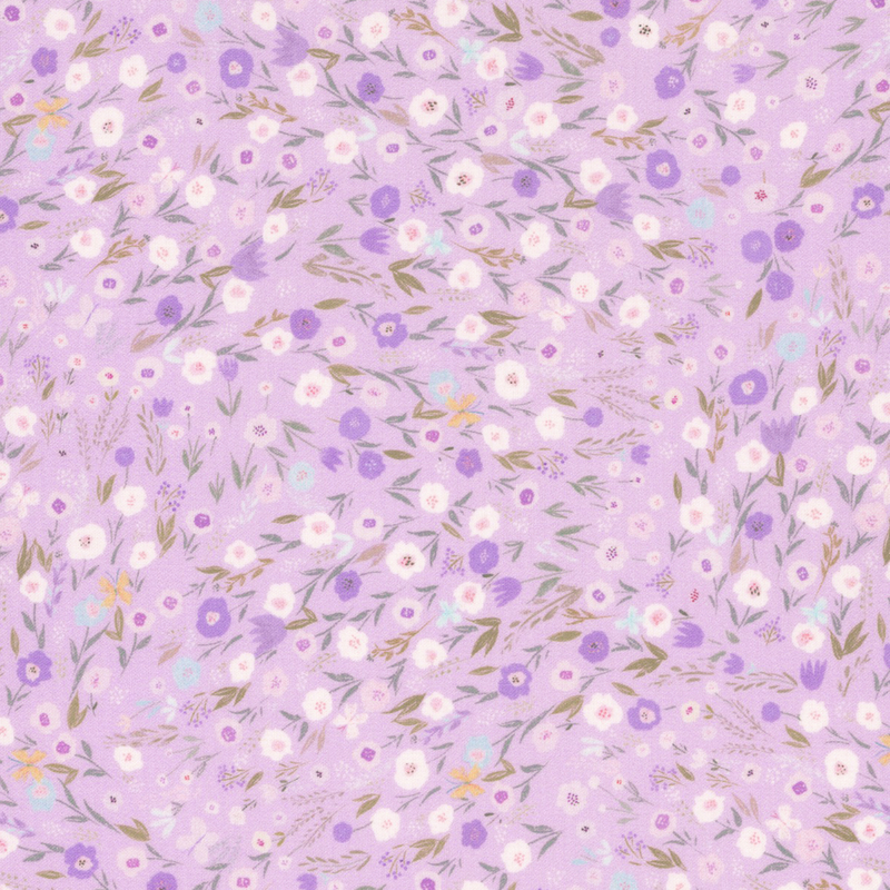 elegant pastel purple fabric with scattered wildflower blooms