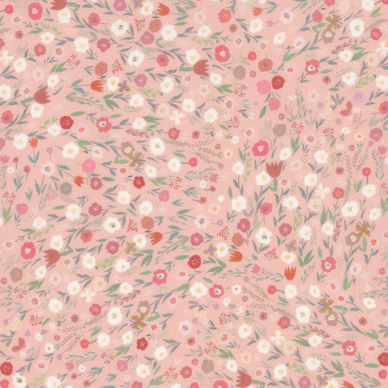 elegant light pink fabric with scattered wildflower blooms