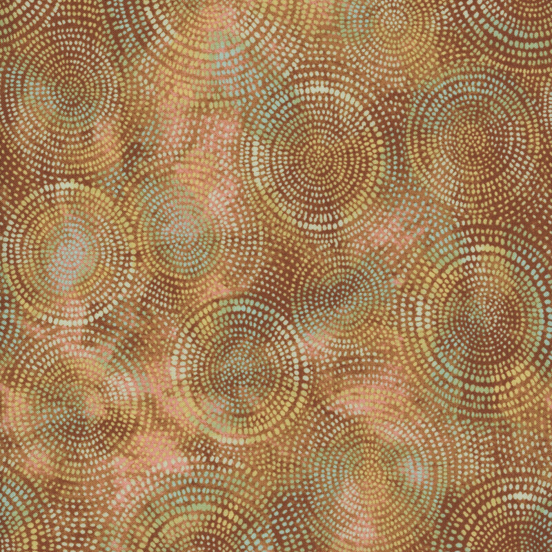 Photo of brown and gold mottled fabric with lighter tonal rings made up of tiny dashes