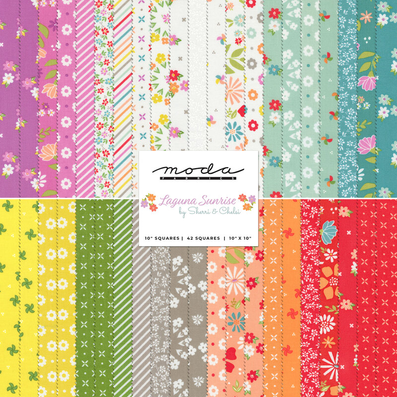 Collage of fabrics in Laguna Sunrise Layer Cake featuring floral designs in many colors