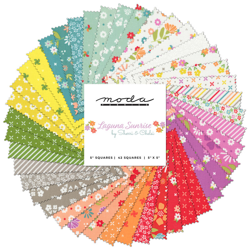 Collage of fabrics in Laguna Sunrise Charm Pack featuring floral designs in many colors