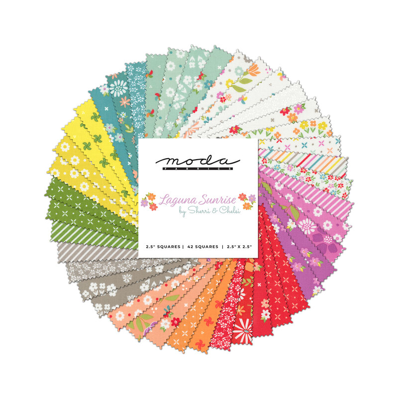 Collage of fabrics in Laguna Sunrise Mini Charm Pack featuring floral designs in many colors