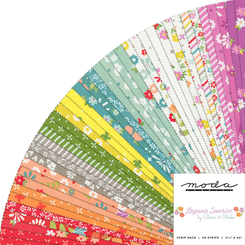 Collage of fabrics in Laguna Sunrise Jelly Roll featuring floral designs in many colors