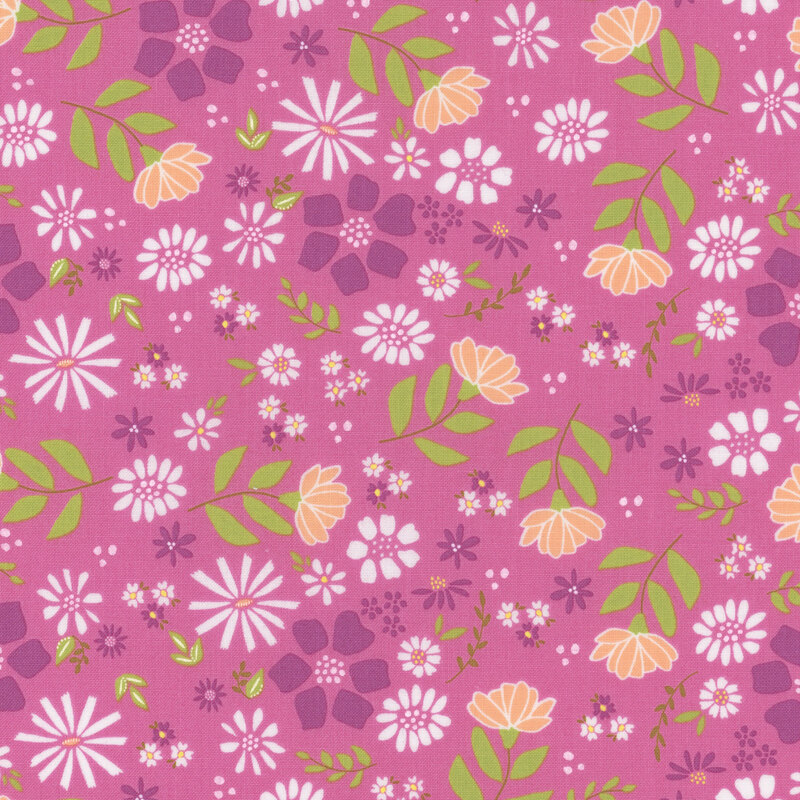 Swatch of a light fuchsia fabric featuring a colorful floral design.
