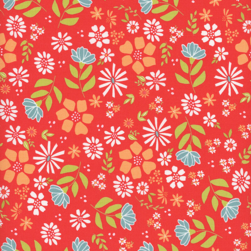 bright red fabric featuring a colorful floral design
