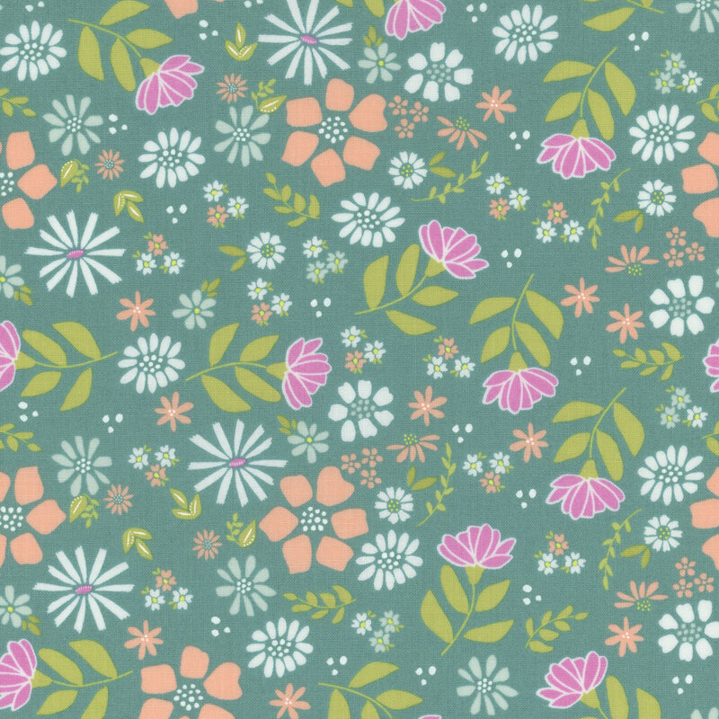 teal fabric featuring a colorful floral design
