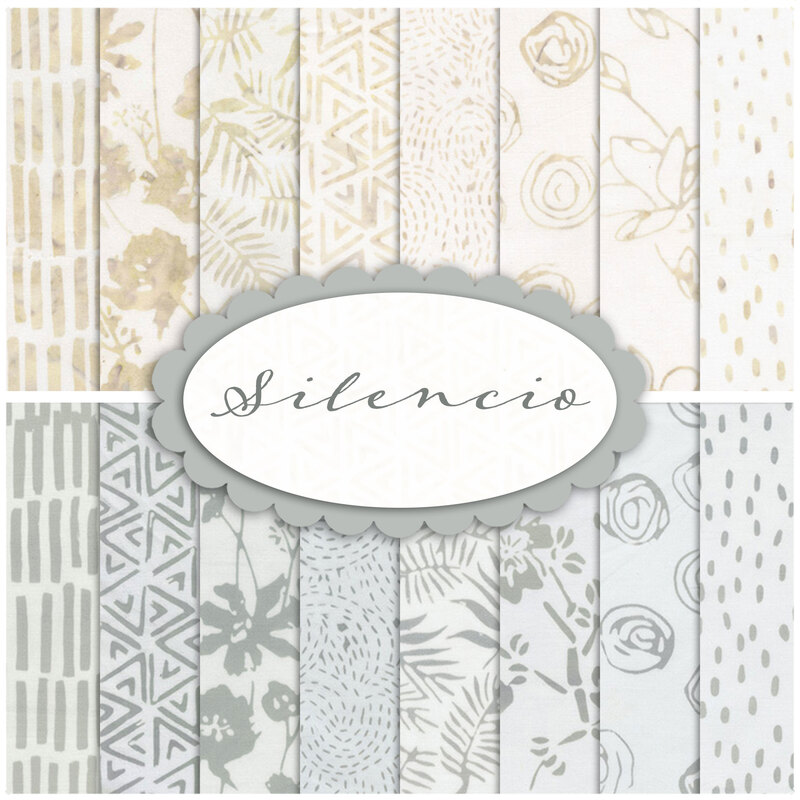 Collage of the ccream and gray batik fabrics included in the Silencio collection.