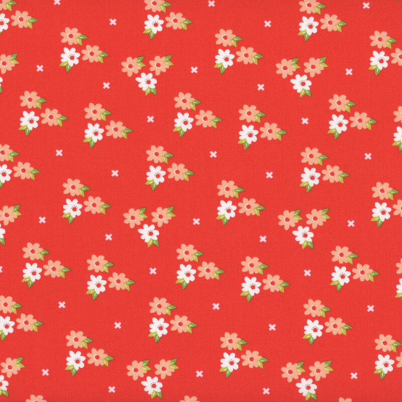 bright red fabric featuring clusters of flowers