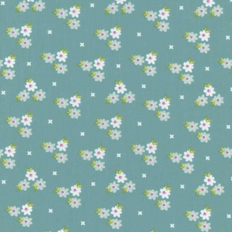 aqua fabric featuring clusters of flowers