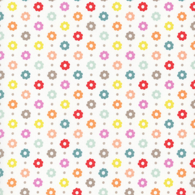 White fabric featuring colorful flower heads and gray dots