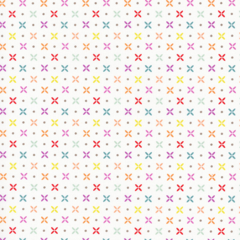 white fabric featuring multicolored pinwheel flowers with gray dots