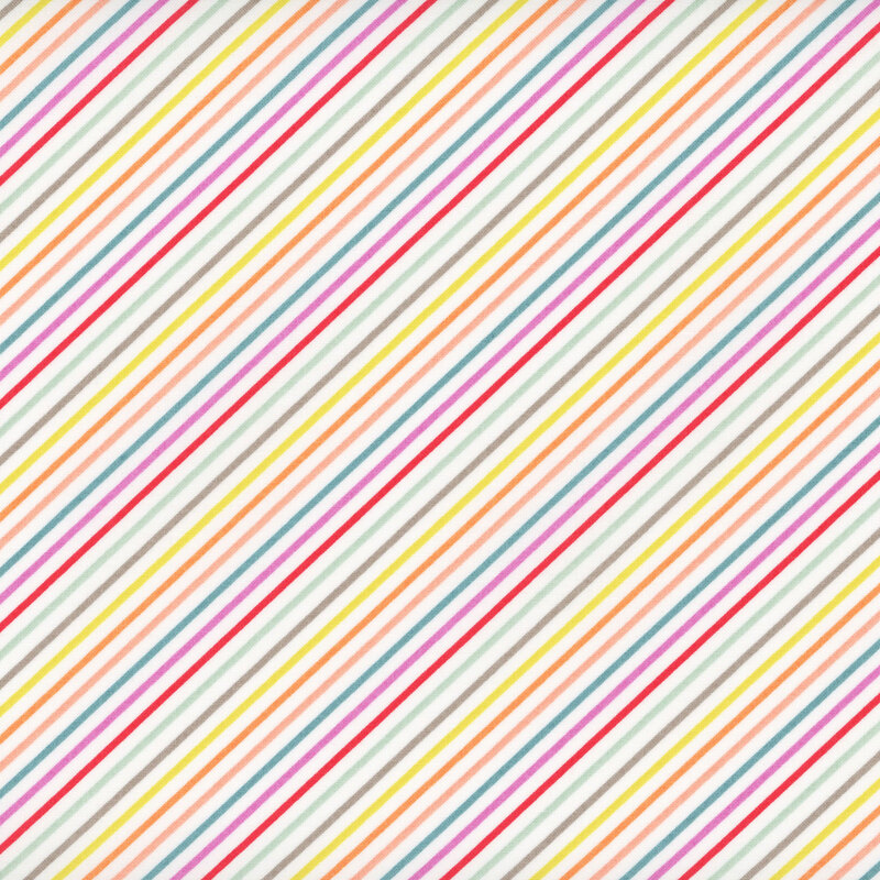 Fabric with multicolored diagonal stripes against a white background
