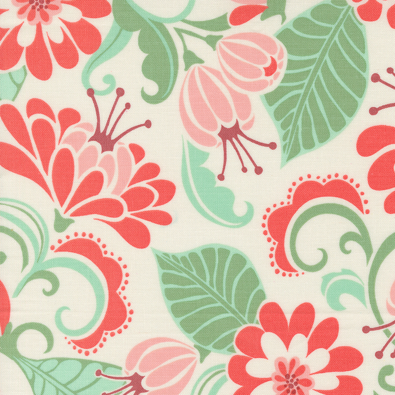 An image of a cream colored fabric with stylized flowers in shades of green and orange.