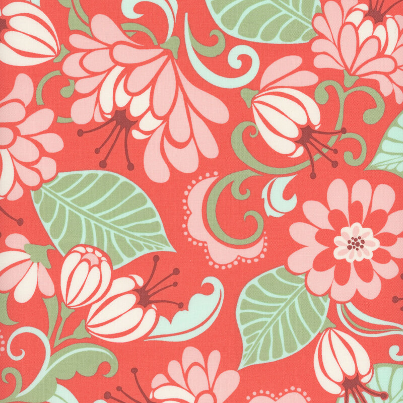 A red colored fabric with stylized flowers in shades of green, blue, cream, and orange.