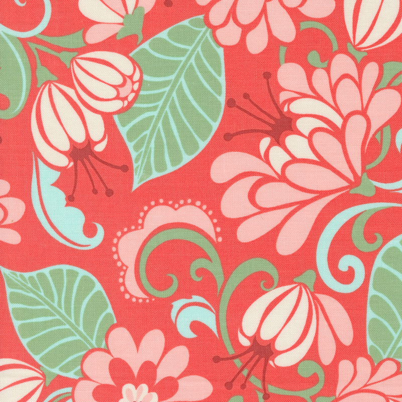 An image of a red colored fabric with stylized flowers in shades of green, blue, cream, and orange.