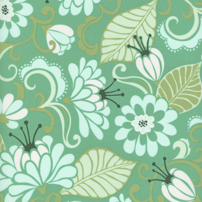A turquoise colored fabric with stylized flowers in shades of green, blue, and white.