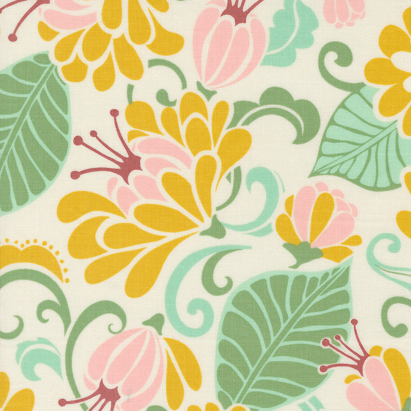 An image of a cream colored fabric with stylized flowers in shades of green, yellow, and pink.