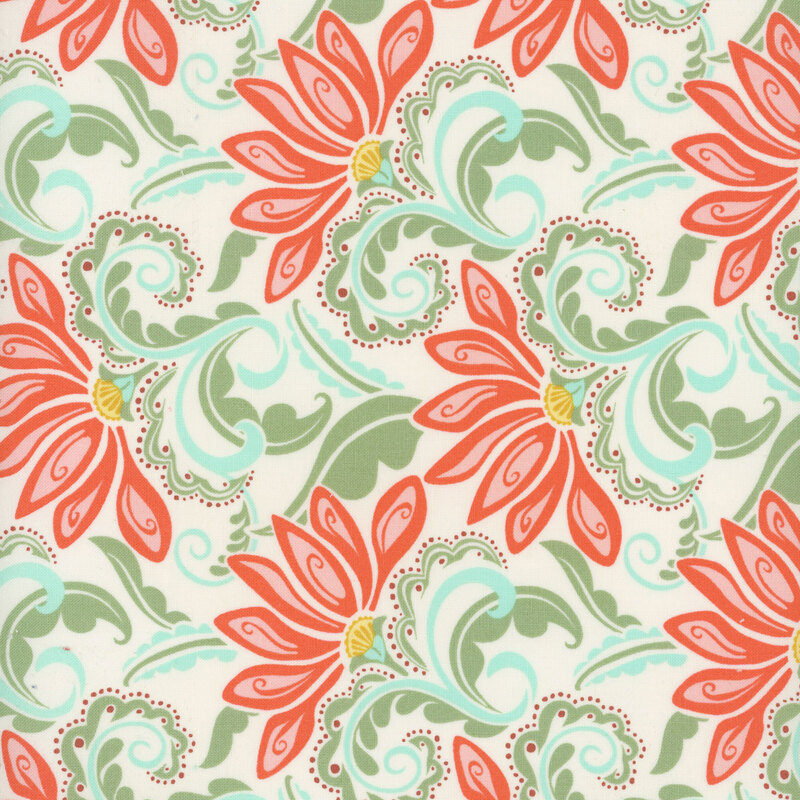 A cream colored fabric with stylized flowers in shades of red, green, and blue.