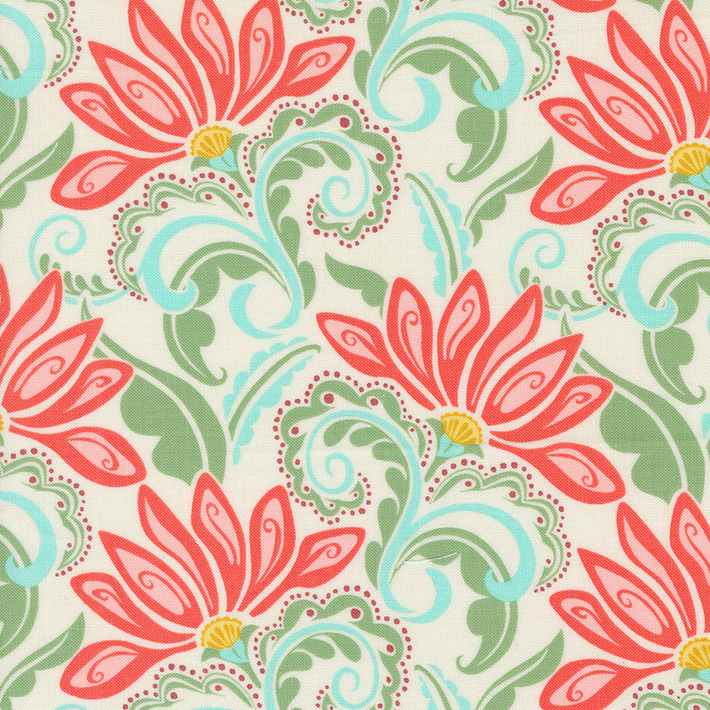 An image of a cream colored fabric with stylized flowers in shades of red, green, and blue.