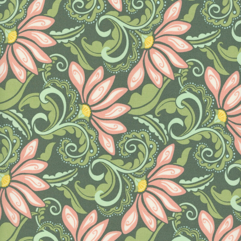 A green colored fabric with stylized flowers in shades of green and pink.