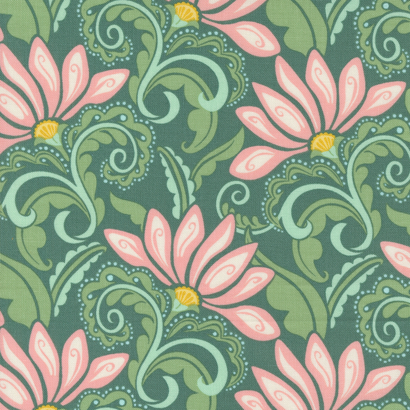 An image of a green colored fabric with stylized flowers in shades of green and pink.