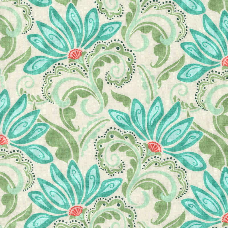 An image of a cream colored fabric with stylized flowers in shades of green, turquoise, and red.