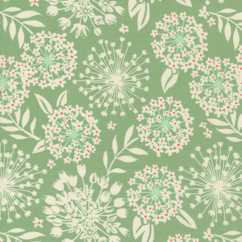 An image of a green colored fabric with cream colored silhouettes of flowers and leaves and touches of red.