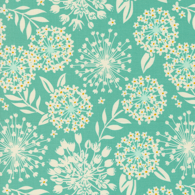 An image of a turquoise colored fabric with cream colored silhouettes of flowers and leaves with pops of yellow.