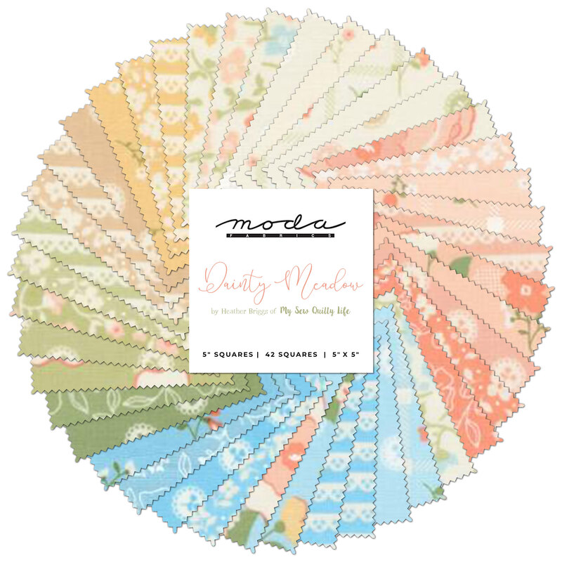 A pastel rainbow collage of the floral calico fabrics included in the Dainty Meadow collection.