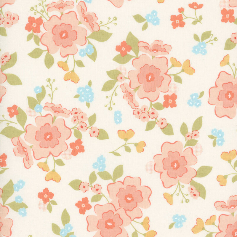 Off-white fabric with a pattern of scattered florals in pink, blue, and yellow