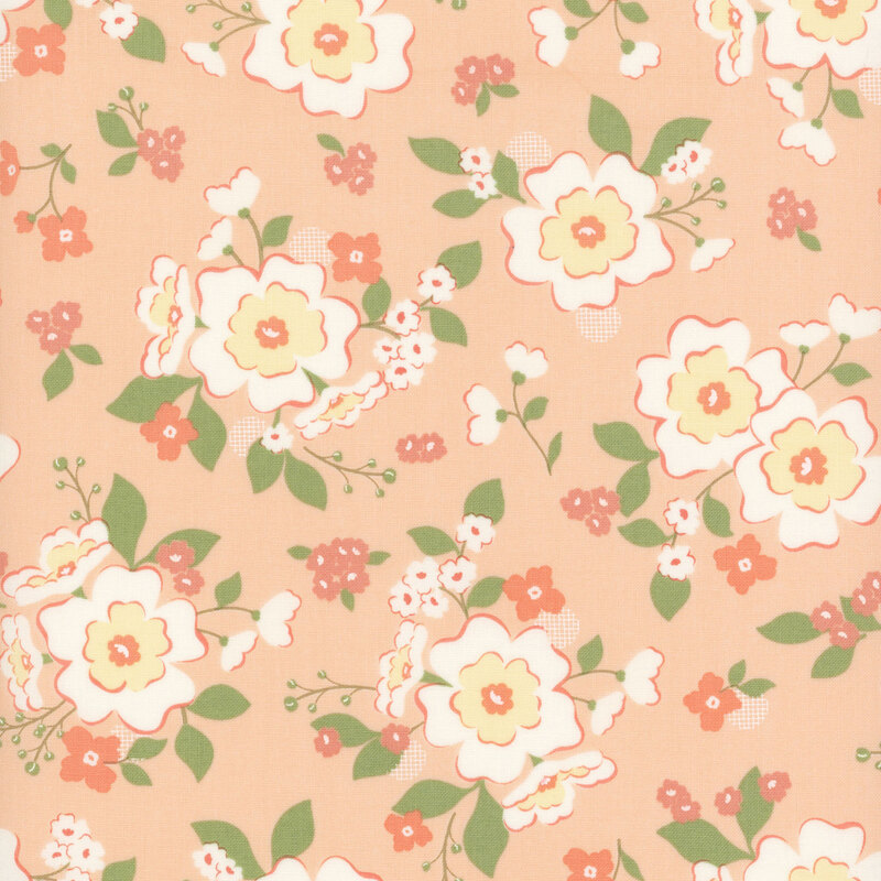 Pink fabric with a pattern of scattered florals in pink, white, and yellow
