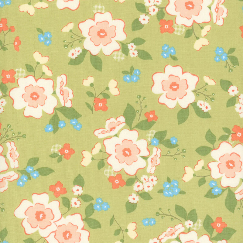 Green fabric with a pattern of scattered florals in pink, blue, and yellow.