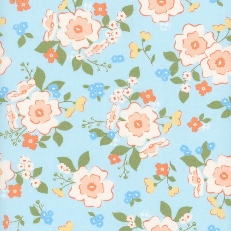 Blue fabric with a pattern of scattered florals in pink, blue, and yellow.