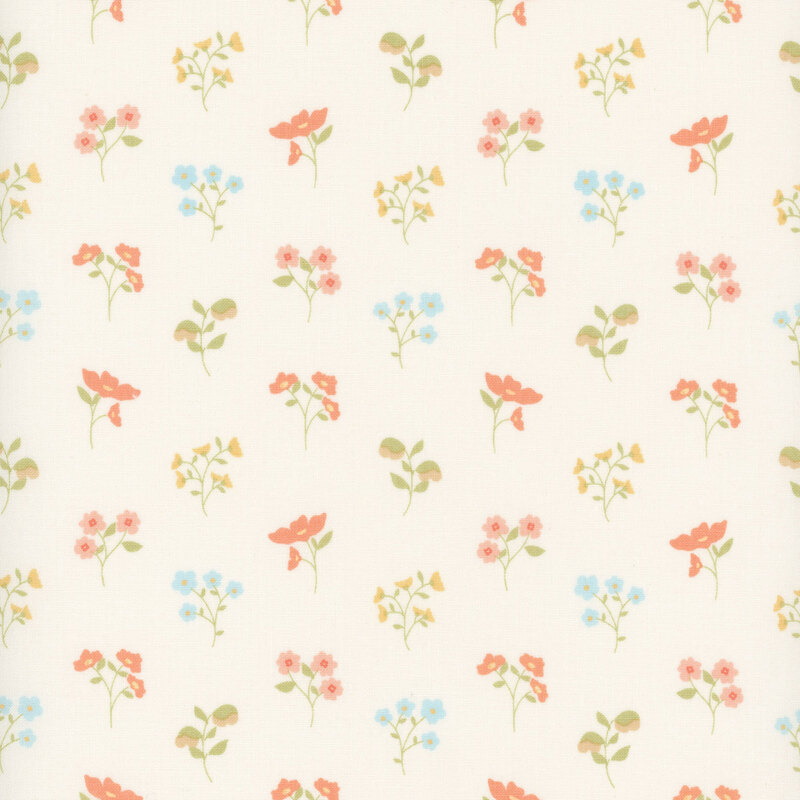 Off-white fabric with a pattern of floral sprigs in pink, blue, and yellow.