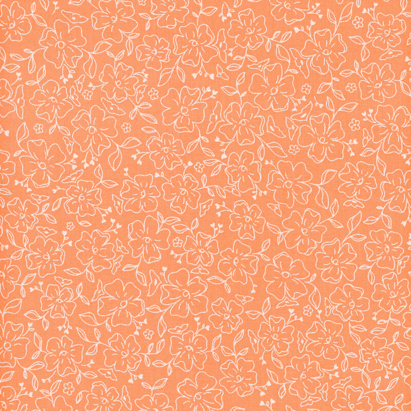 Coral fabric with a pattern of white lined flowers and leaves.
