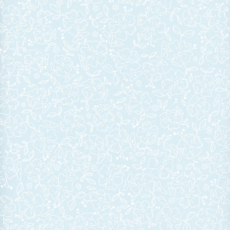 Blue fabric with a pattern of white lined flowers and leaves.