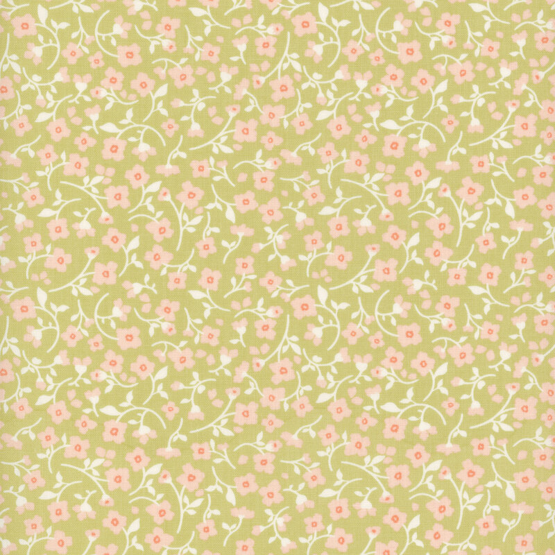 Green fabric with a packed pattern of pink floral sprigs.