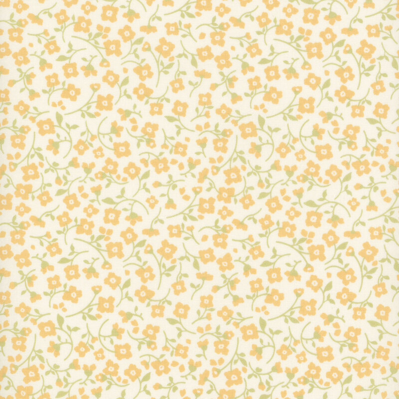 White fabric with a packed pattern of yellow floral sprigs.