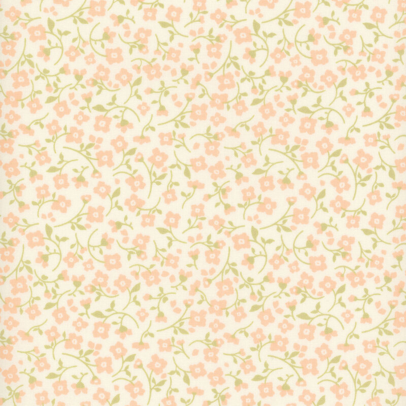 White fabric with a packed pattern of pink floral sprigs.