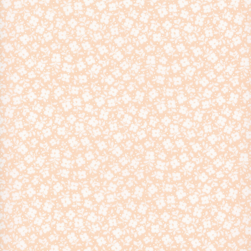 Pink fabric with a packed pattern of white flowers and leaves.