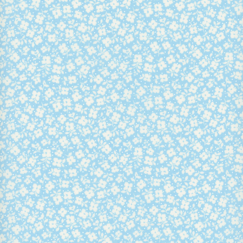 Light blue fabric with a packed pattern of white flowers and leaves.