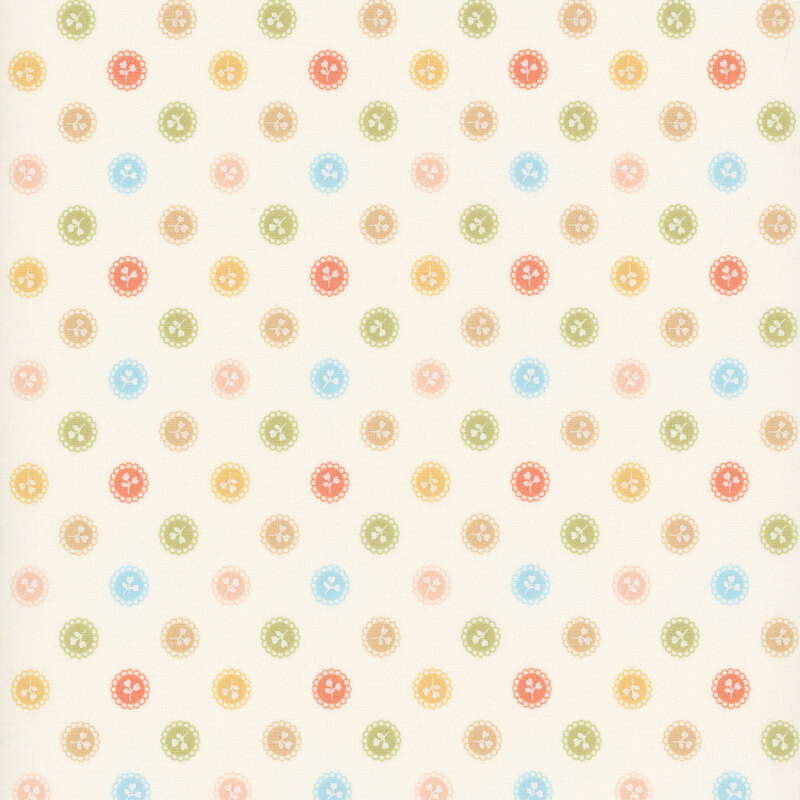 Off-white fabric with a pattern of white floral sprigs in pink, blue, green, and yellow buttons