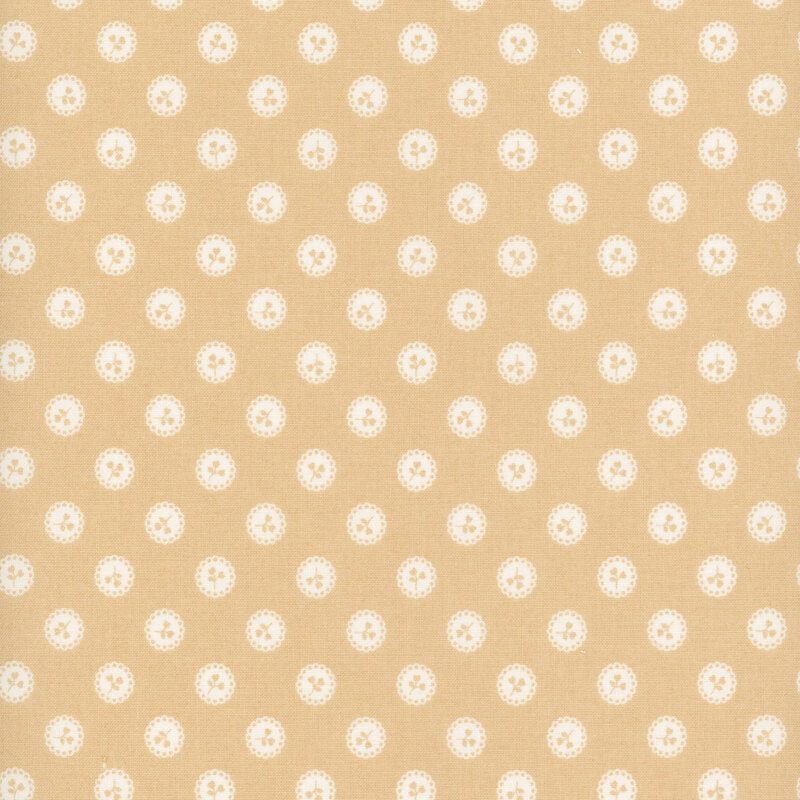 Tan fabric with a pattern of tan floral sprigs in white buttons.