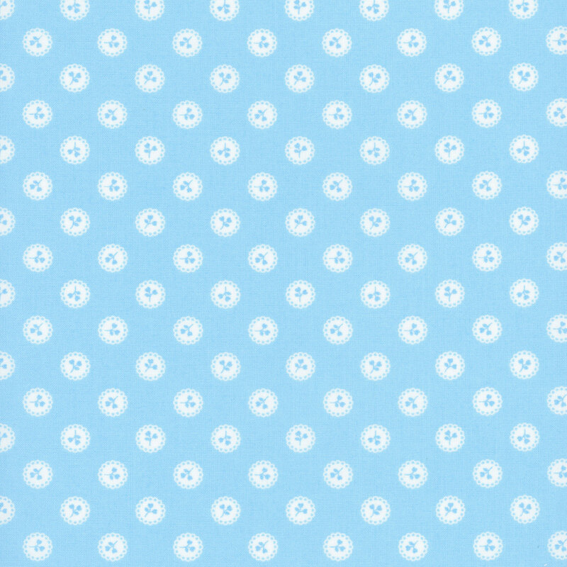 Blue fabric with a pattern of blue floral sprigs in white buttons.